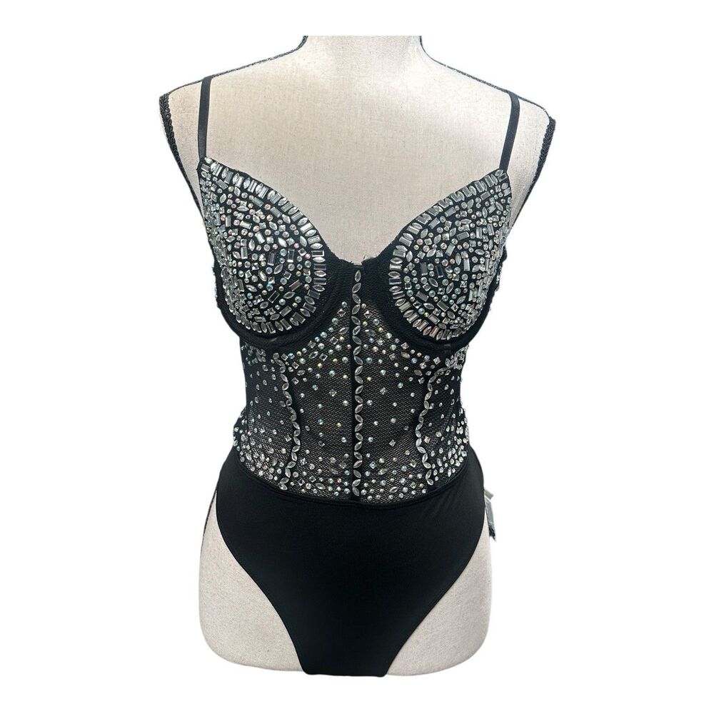 Banjul Rhinestone Corset Mesh Bodysuit Black Sparkle Clubwear Festival Sexy S